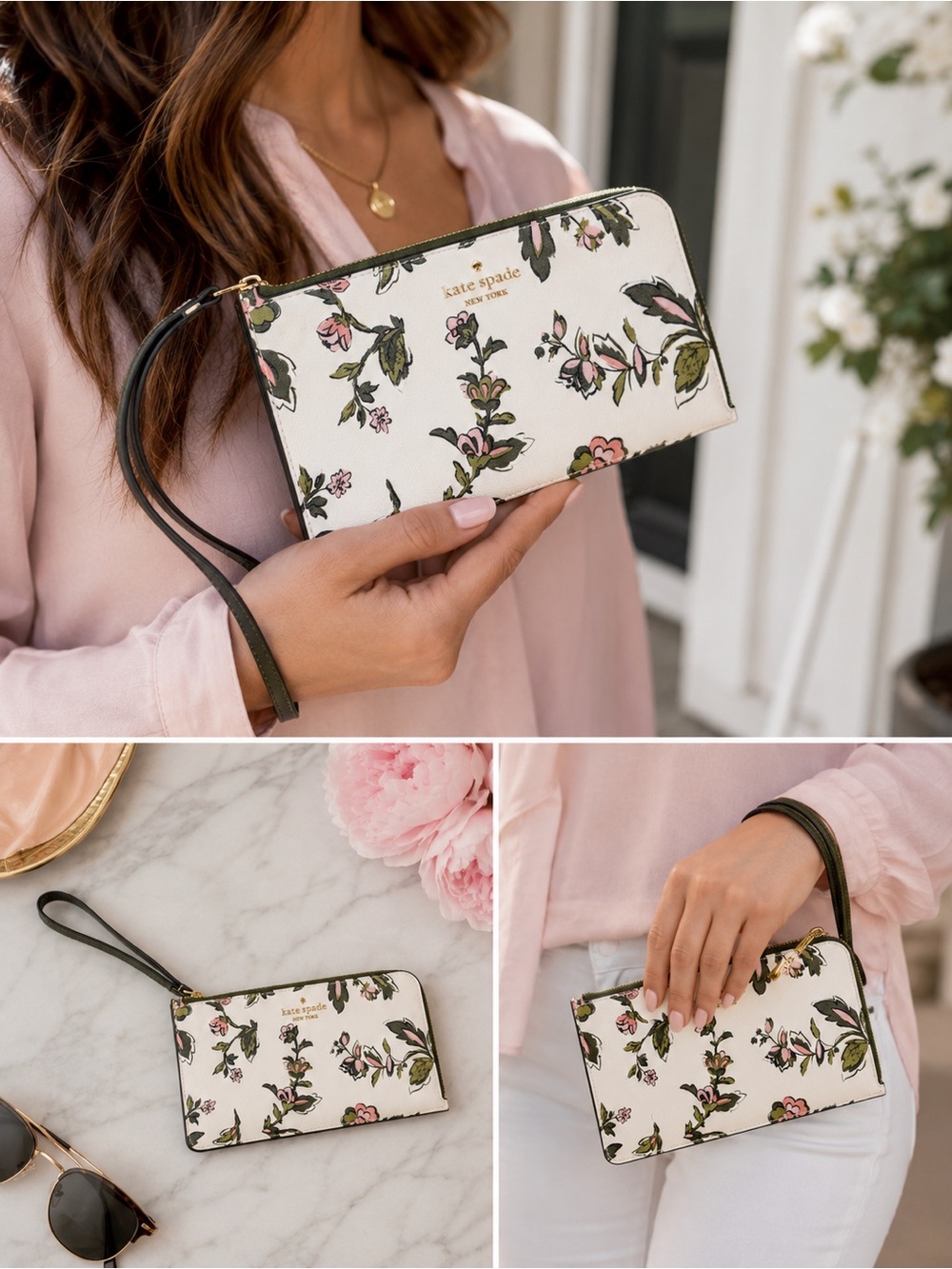 kate spade White Floral Wristlet with Green Trim